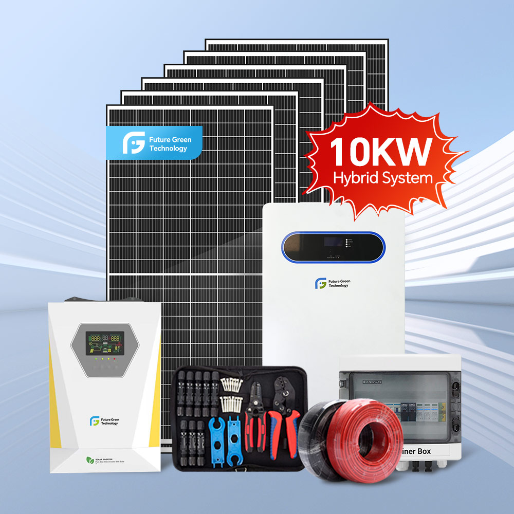 Sistema solar híbrido de 10 kW con almacenamiento de batería de LiFePO4 e inversor monofásico.