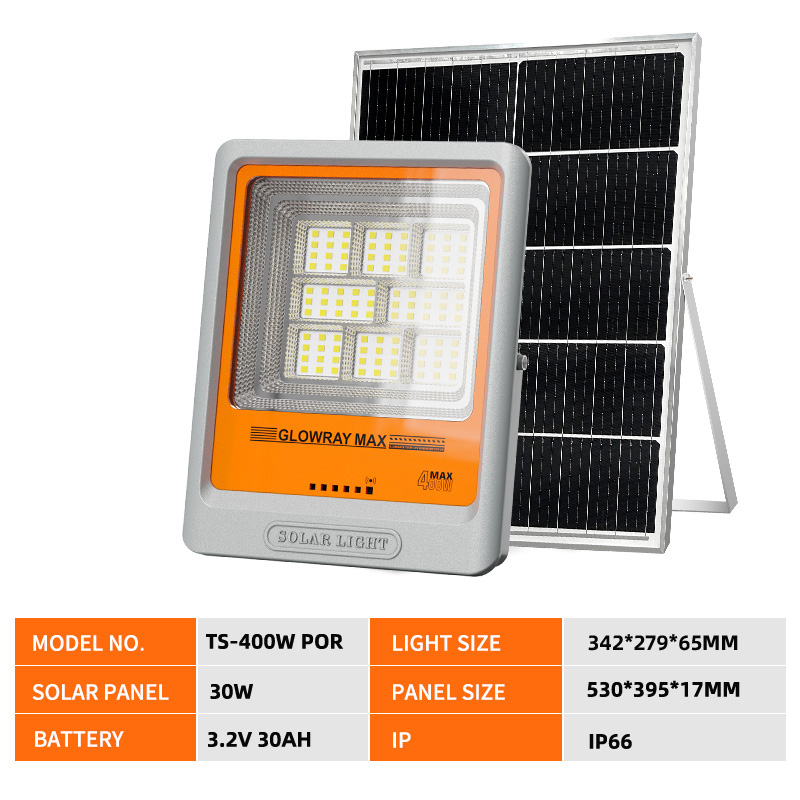 Luminaria solar de inundación FGET de 400 W para aplicaciones en exteriores y jardines.