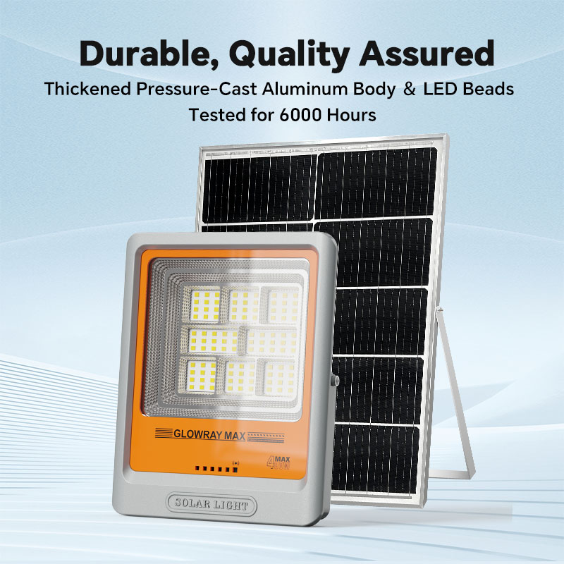 Luminaria solar de inundación FGET de 400 W para aplicaciones en exteriores y jardines.