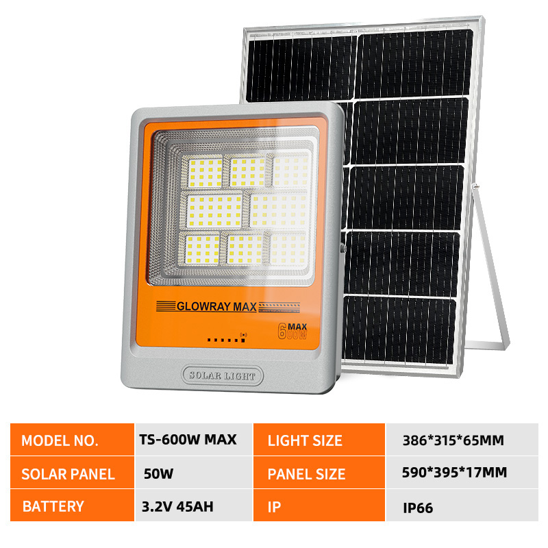 Foco solar de exterior FGET de 600 W, ideal para patios y áreas exteriores.