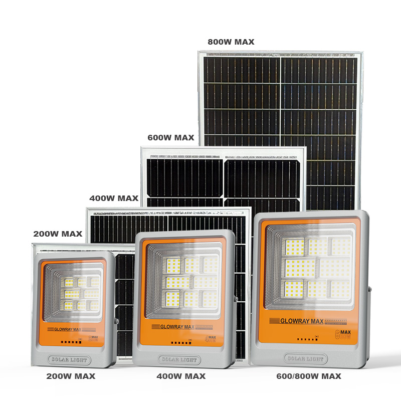 Luminaria solar de inundación FGET de 200W, 400W, 600W y 800W para aplicaciones en exteriores y jardines.